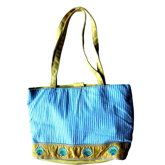 Quacker Factory Resort Blue White Seersucker Seashell Tote Bag Yellow Tr… - Picture 6 of 13